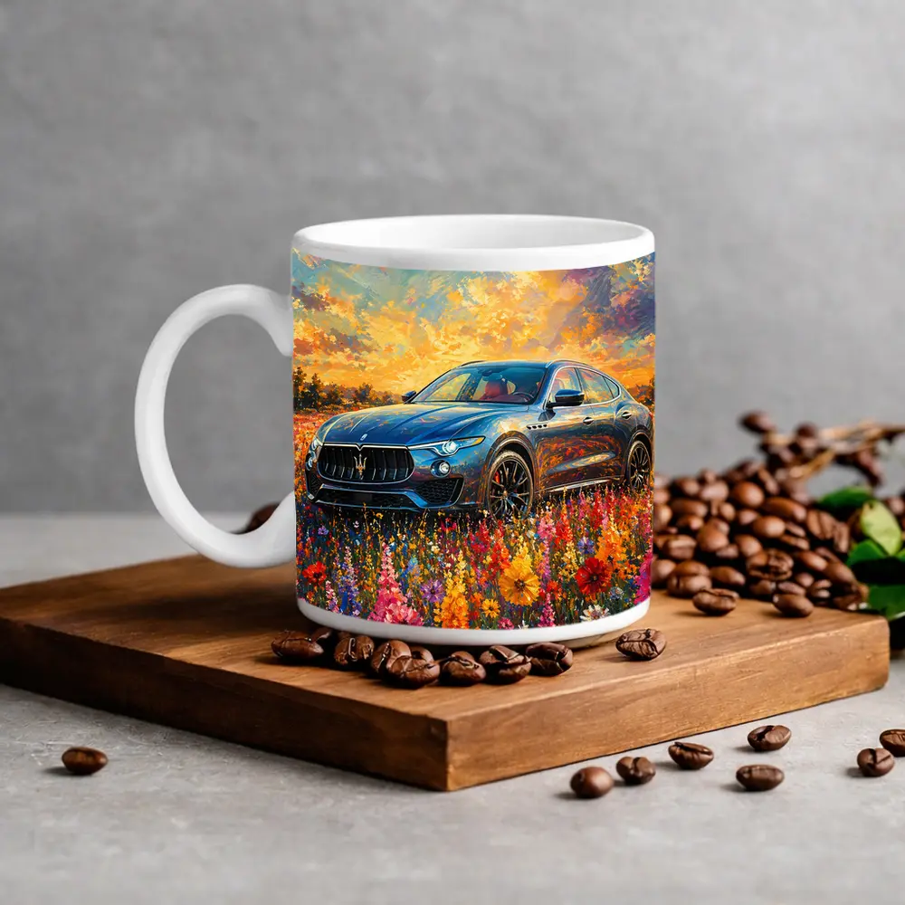 Maserati Levante Blue SUV Wildflower Field Painting – Mugs