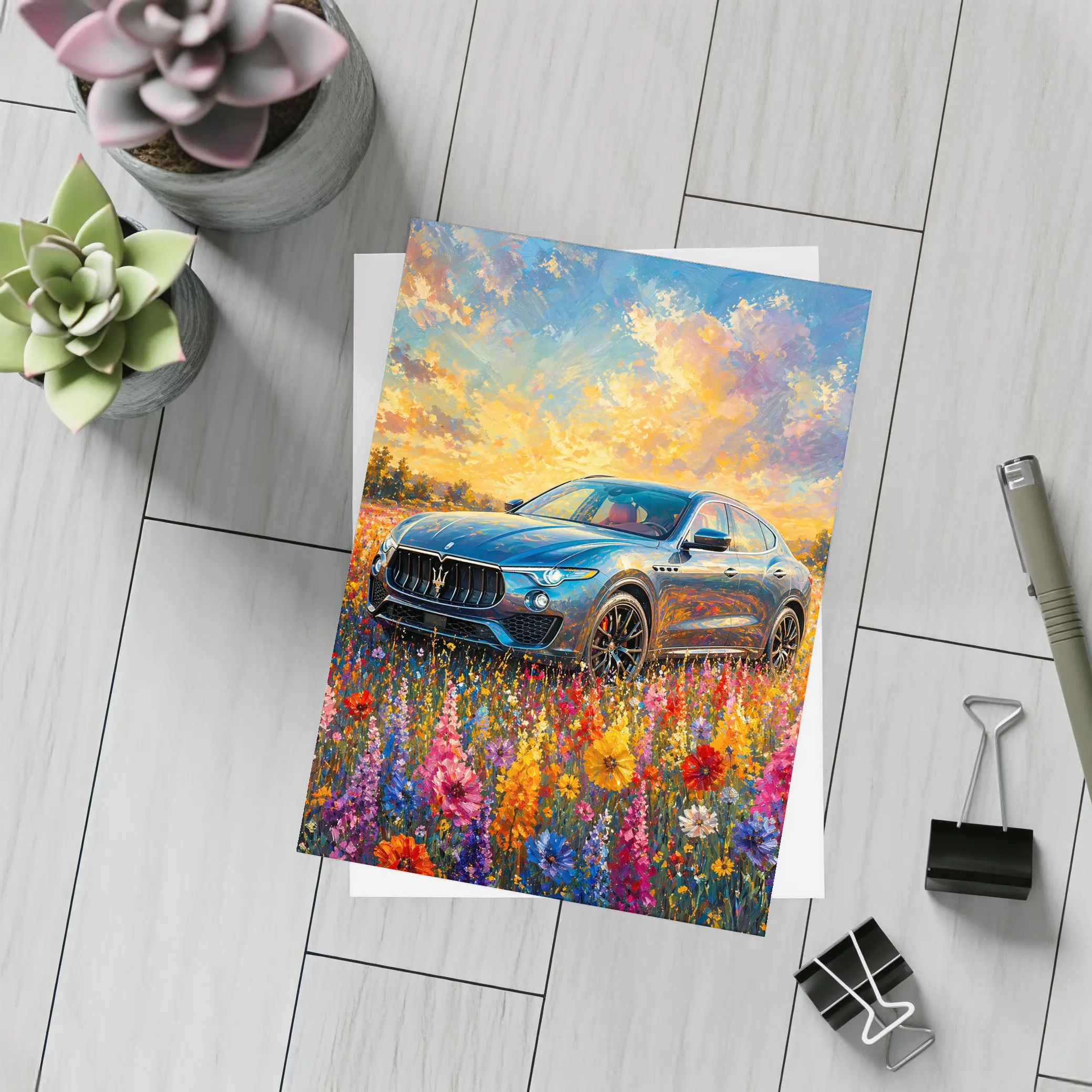 Maserati Levante Blue SUV Wildflower Field Painting – Postcards
