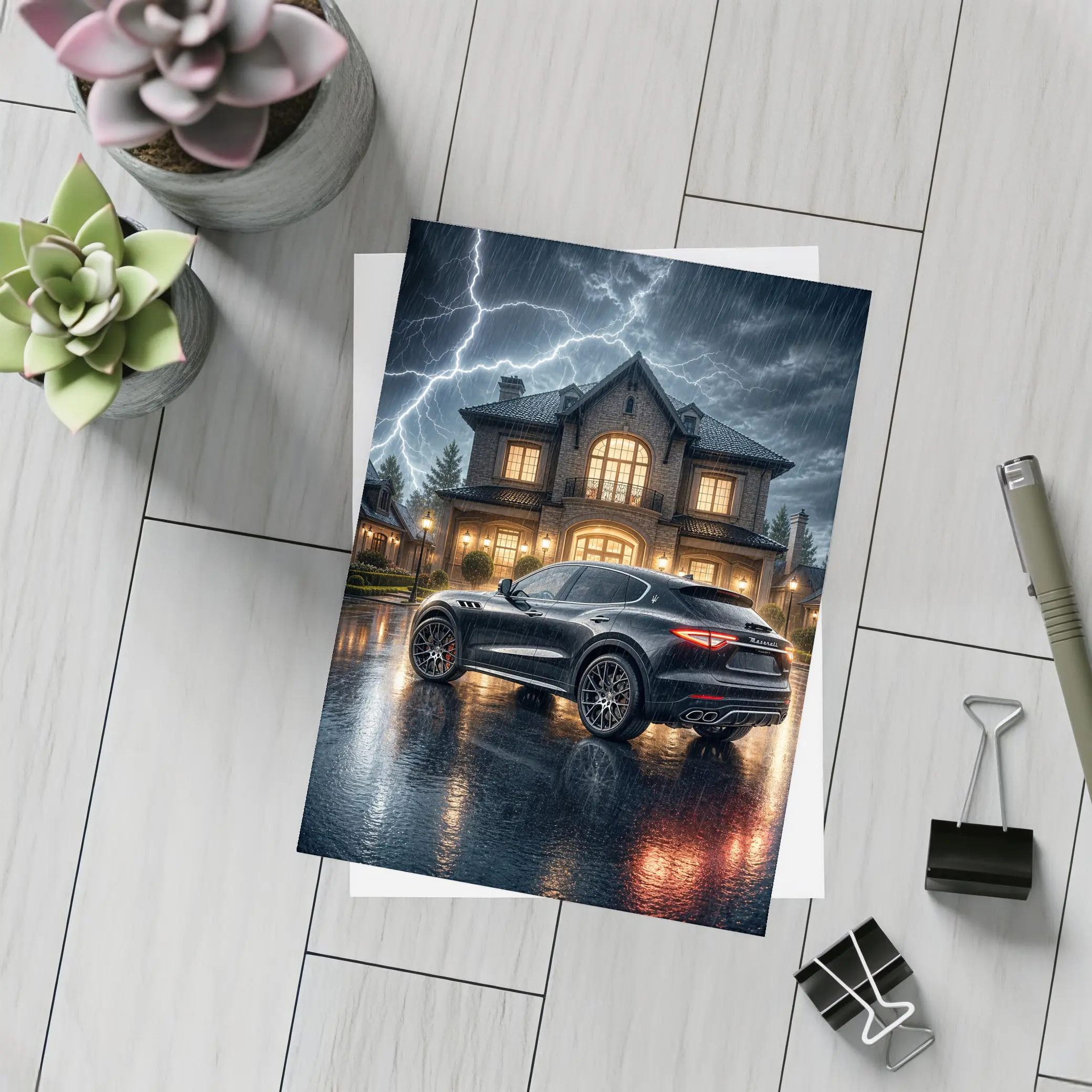 Maserati Levante Black Stormy Night Mansion – Postcards
