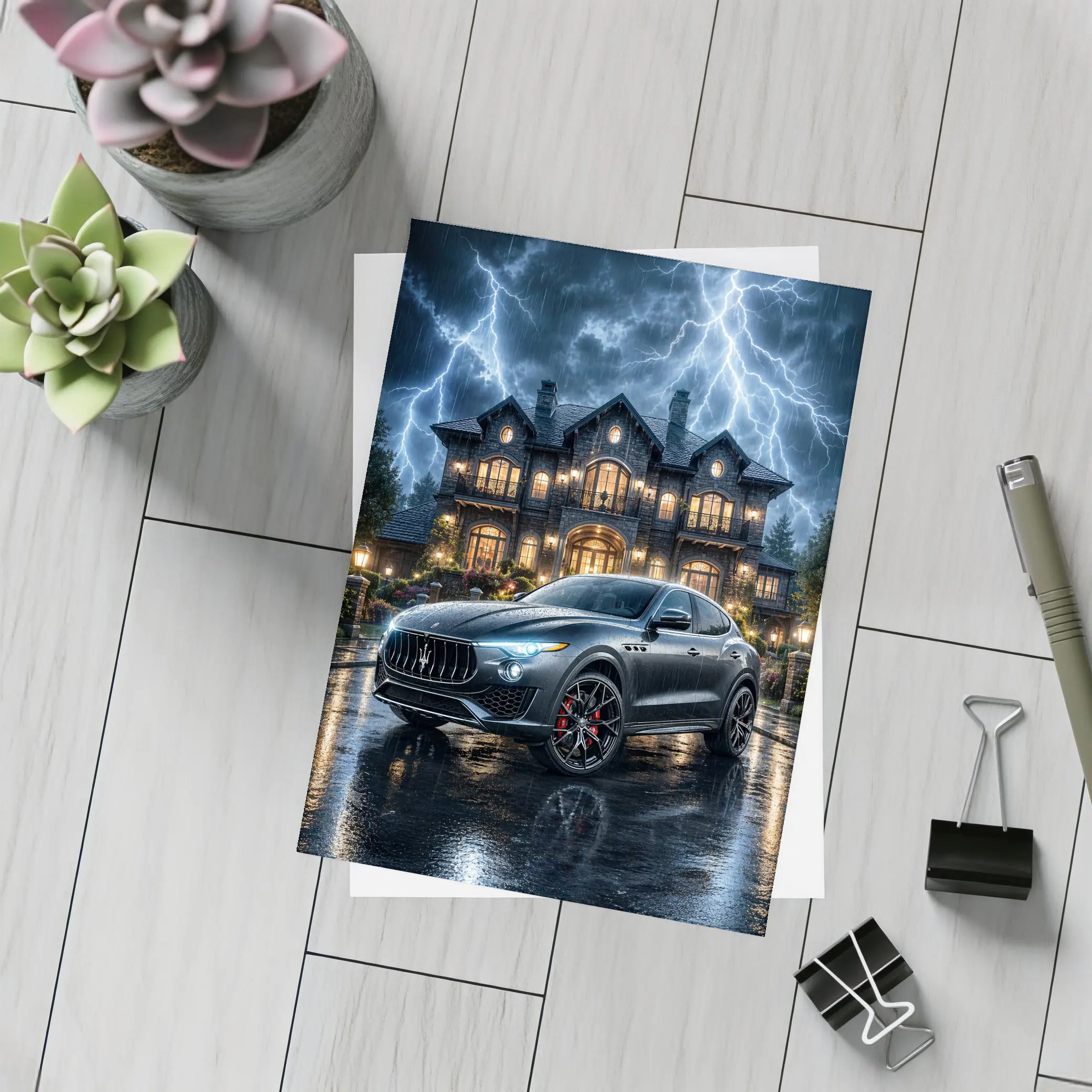 Maserati Levante Dark Stormy Night Mansion – Postcards