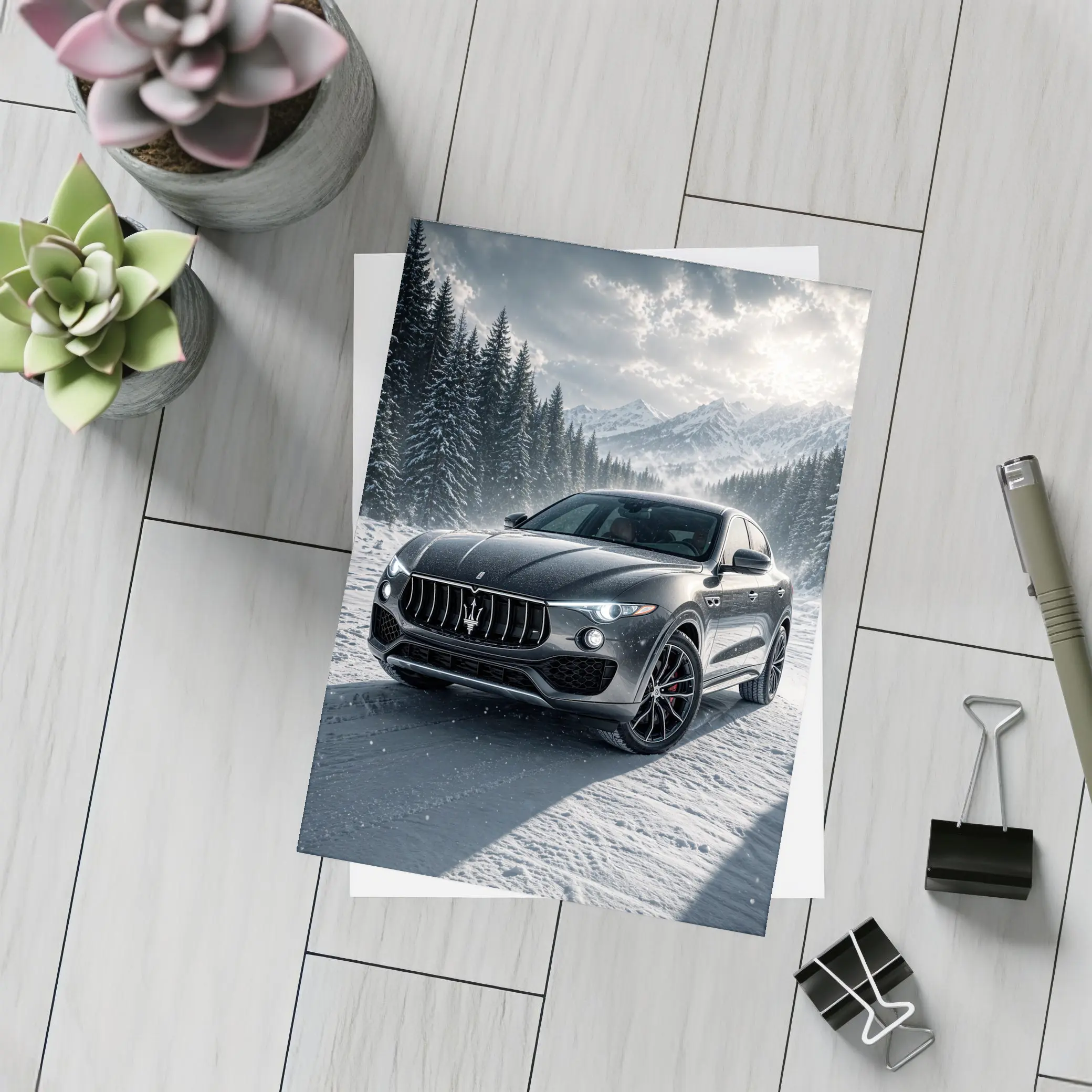 Maserati Levante Black Snow Winter Forest – Postcards