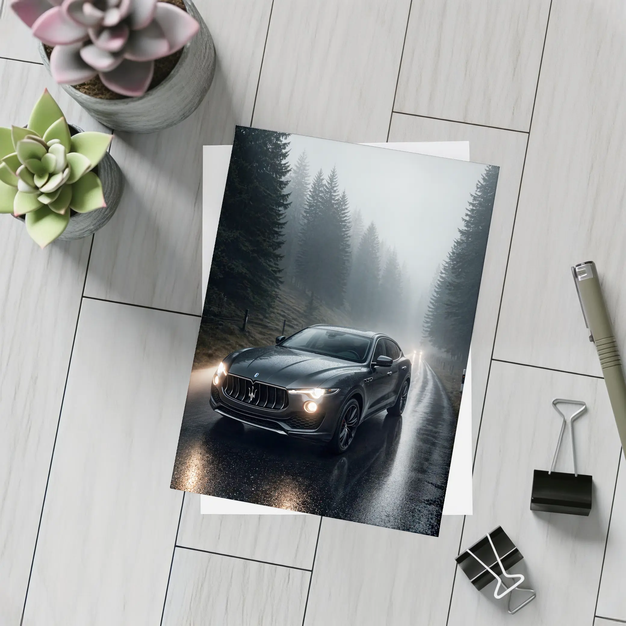 Maserati Levante Dark Rainy Forest Road – Postcards