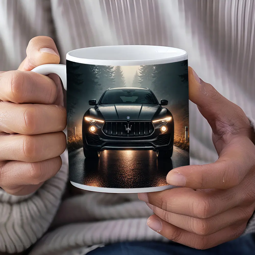 Maserati Levante Black SUV Foggy Forest Road – Mugs