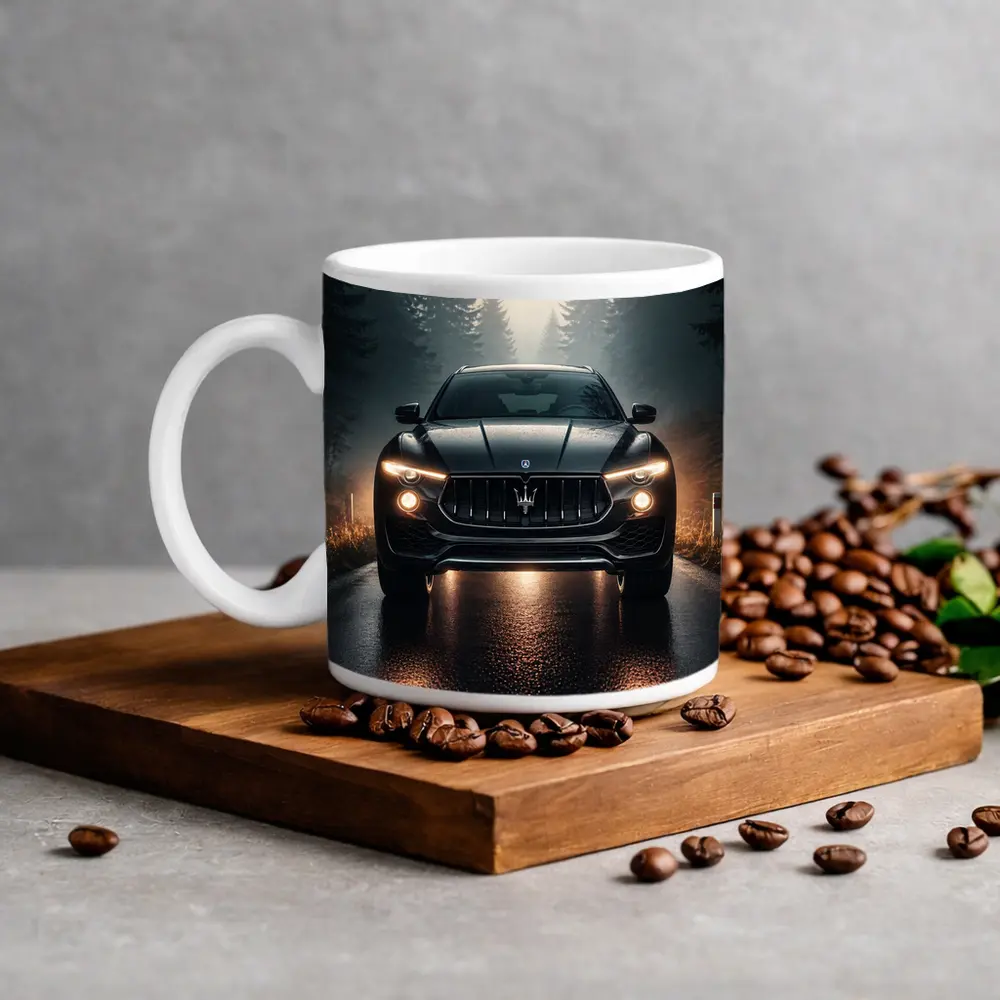 Maserati Levante Black SUV Foggy Forest Road – Mugs