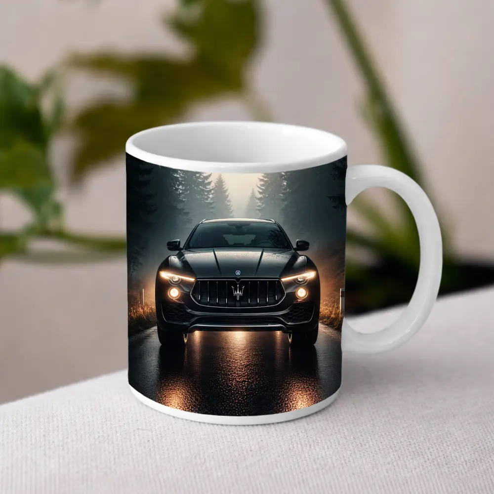 Maserati Levante Black SUV Foggy Forest Road – Mugs
