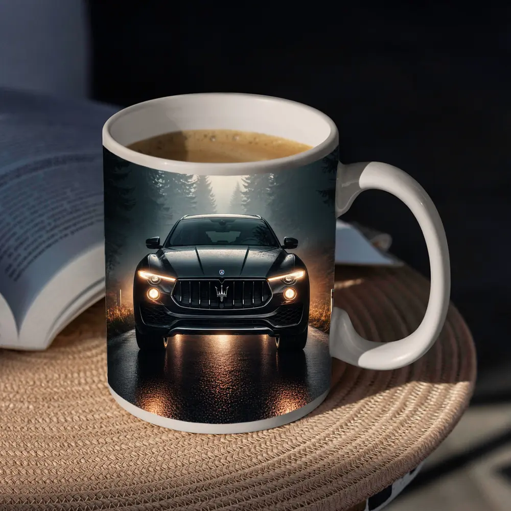 Maserati Levante Black SUV Foggy Forest Road – Mugs