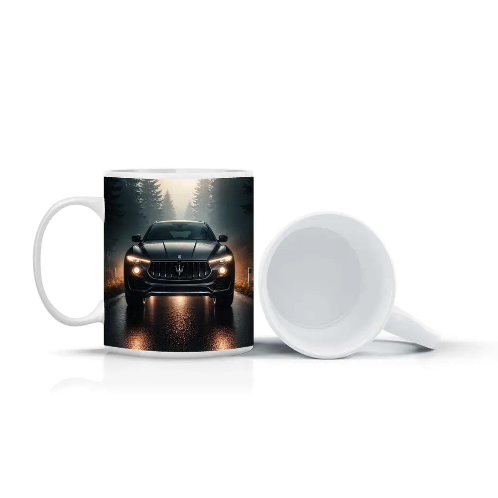 Maserati Levante Black SUV Foggy Forest Road – Mugs