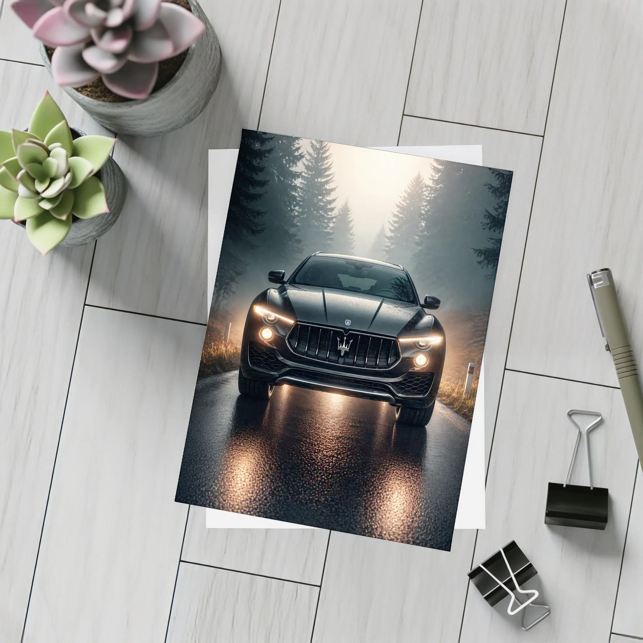 Maserati Levante Black SUV Foggy Forest Road – Postcards