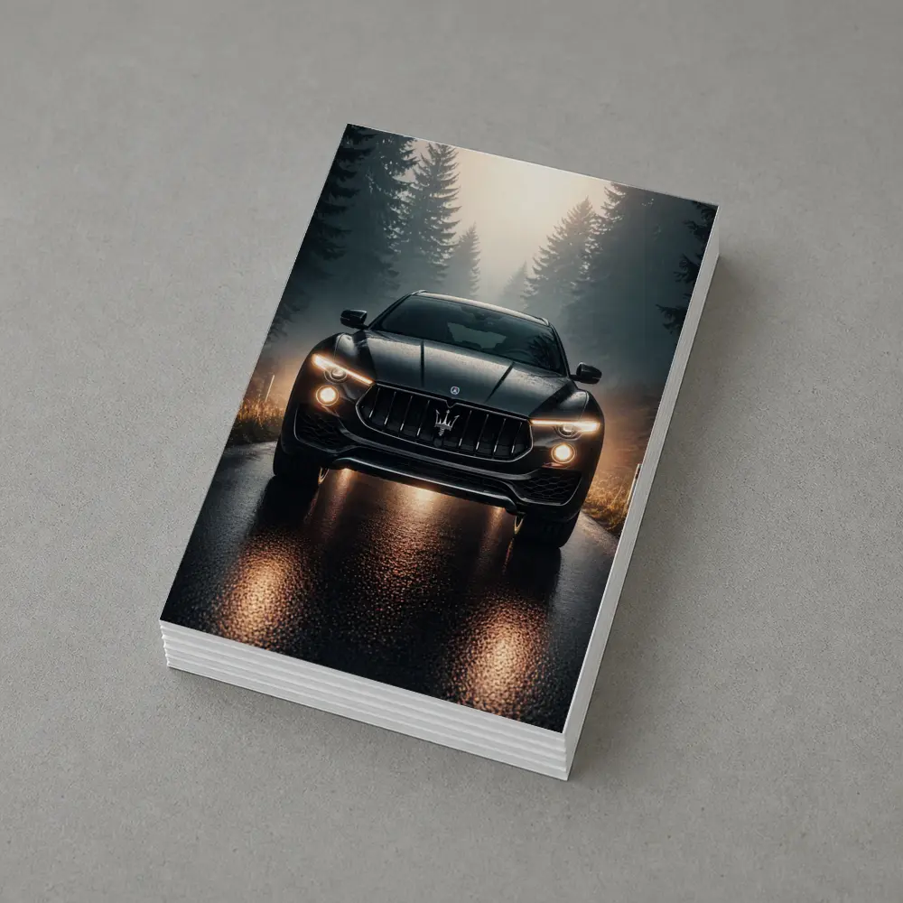 Maserati Levante Black SUV Foggy Forest Road – Postcards