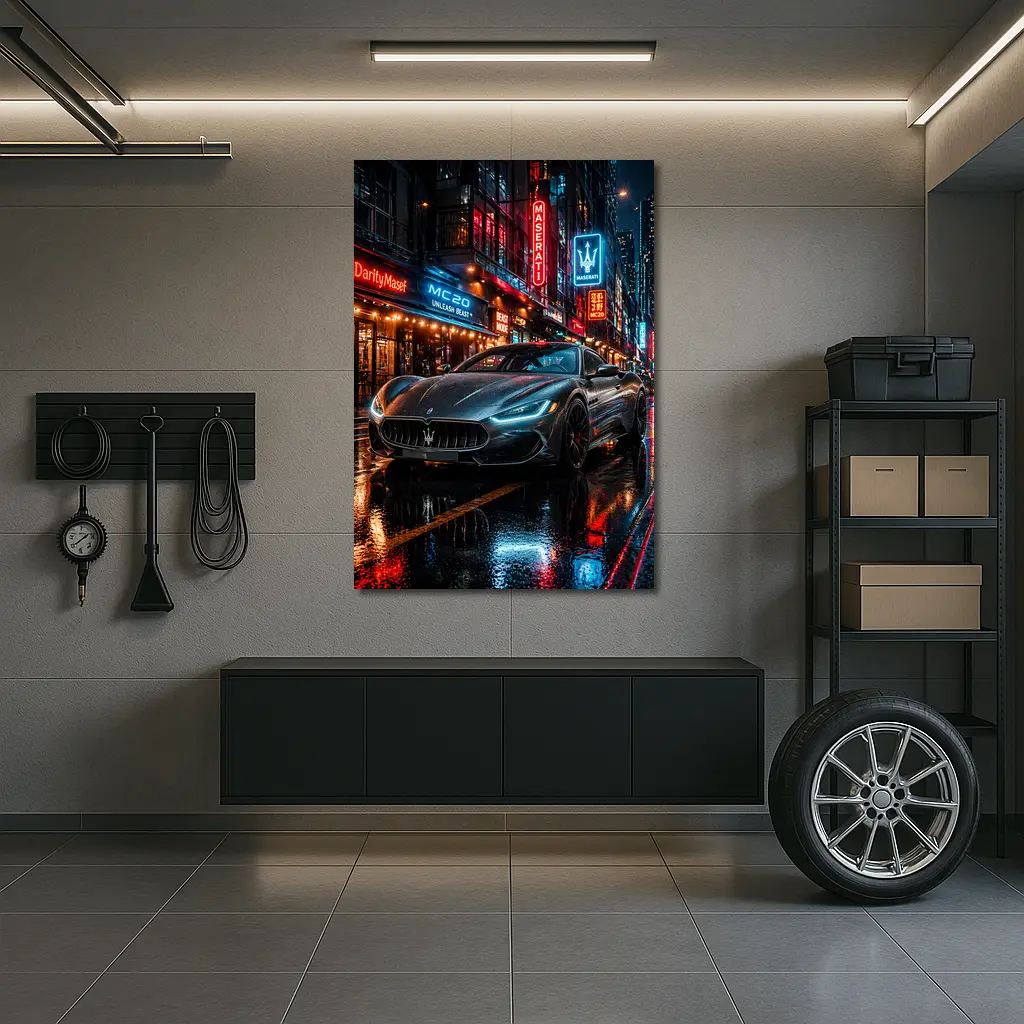 Maserati MC20 Neon City Rainy Night – Wall Art