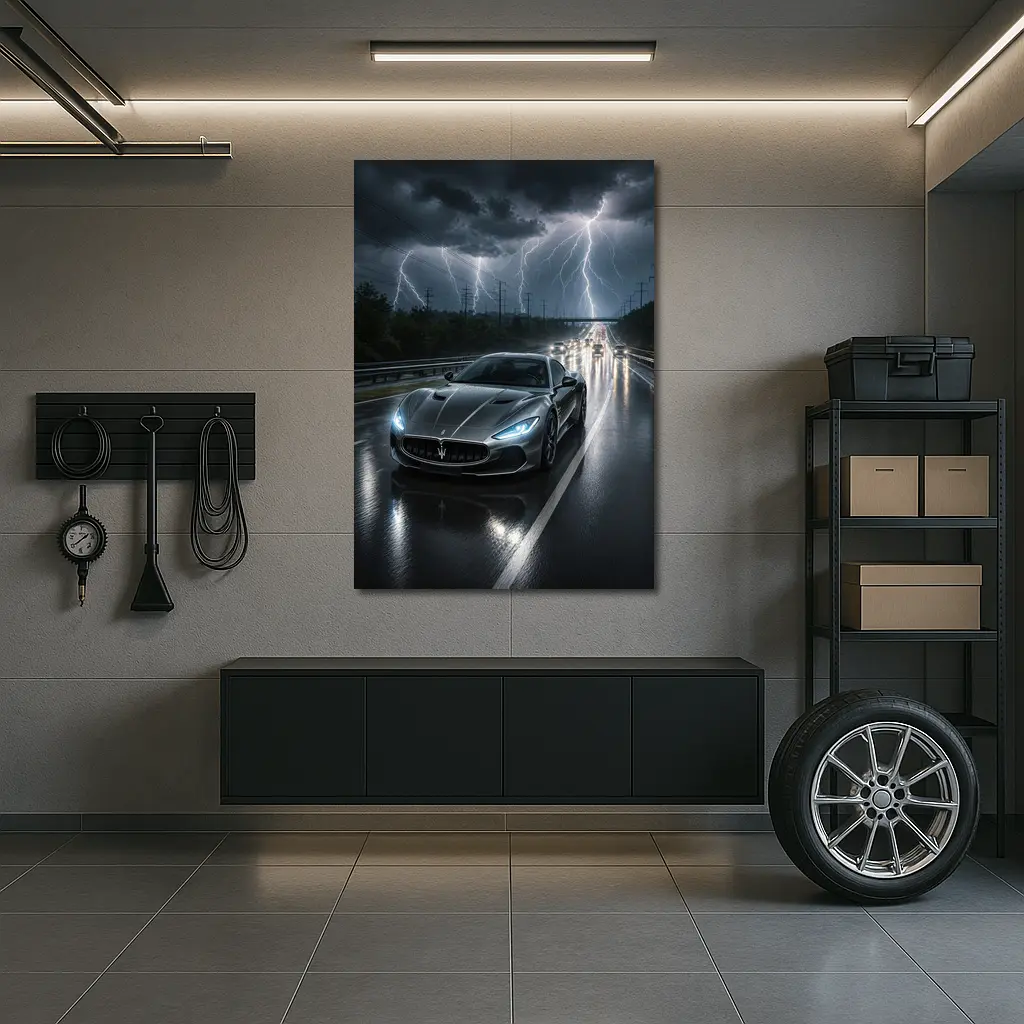 Maserati GranTurismo Racing Through Lightning Storm – Wall Art