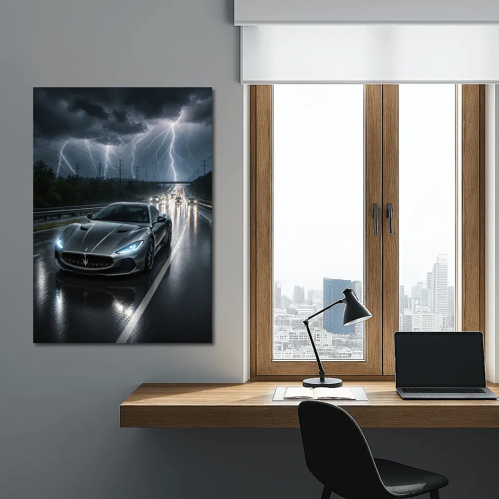 Maserati GranTurismo Racing Through Lightning Storm – Wall Art