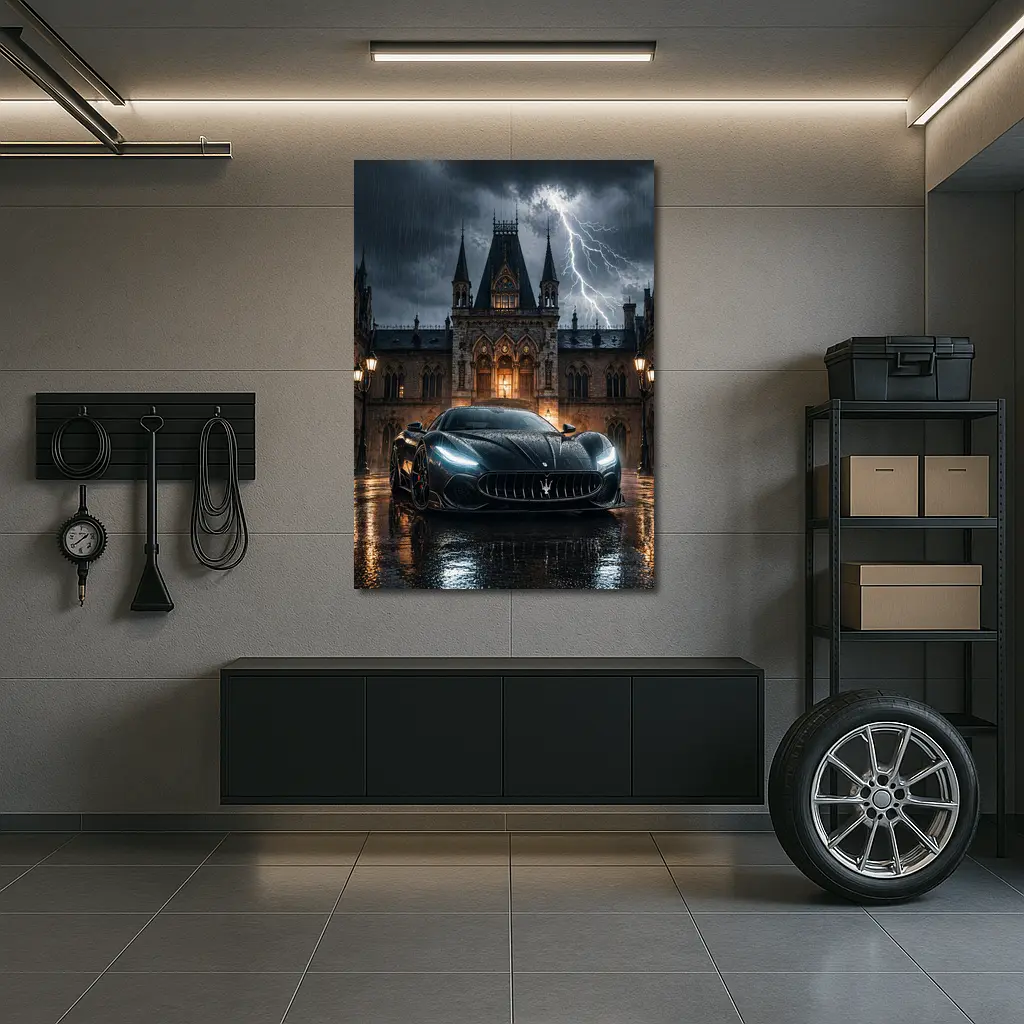 Maserati MC20 Black Storm Gothic Castle Night – Wall Art