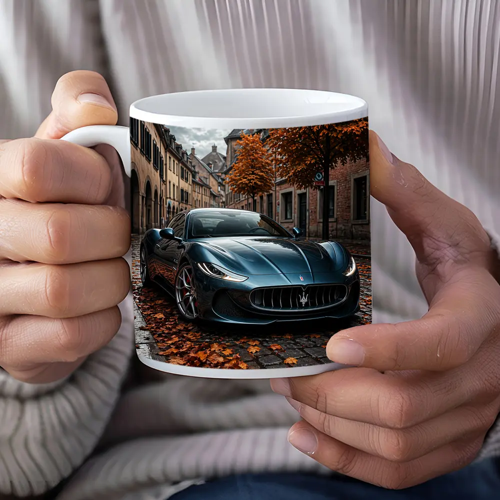 Maserati GranTurismo On Wet Cobblestone Street – Mugs