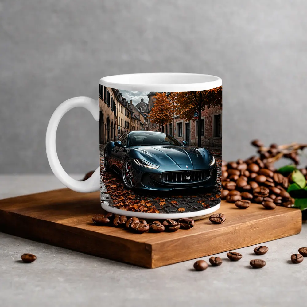 Maserati GranTurismo On Wet Cobblestone Street – Mugs