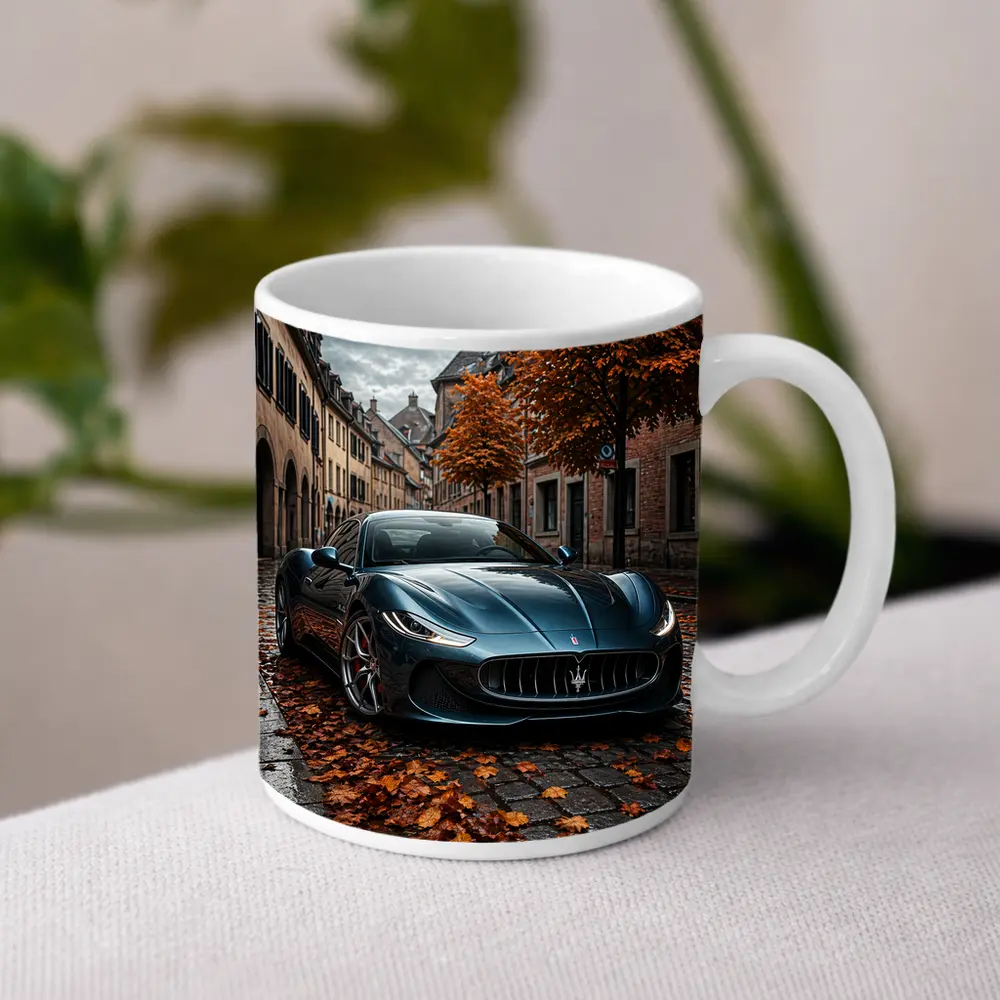 Maserati GranTurismo On Wet Cobblestone Street – Mugs