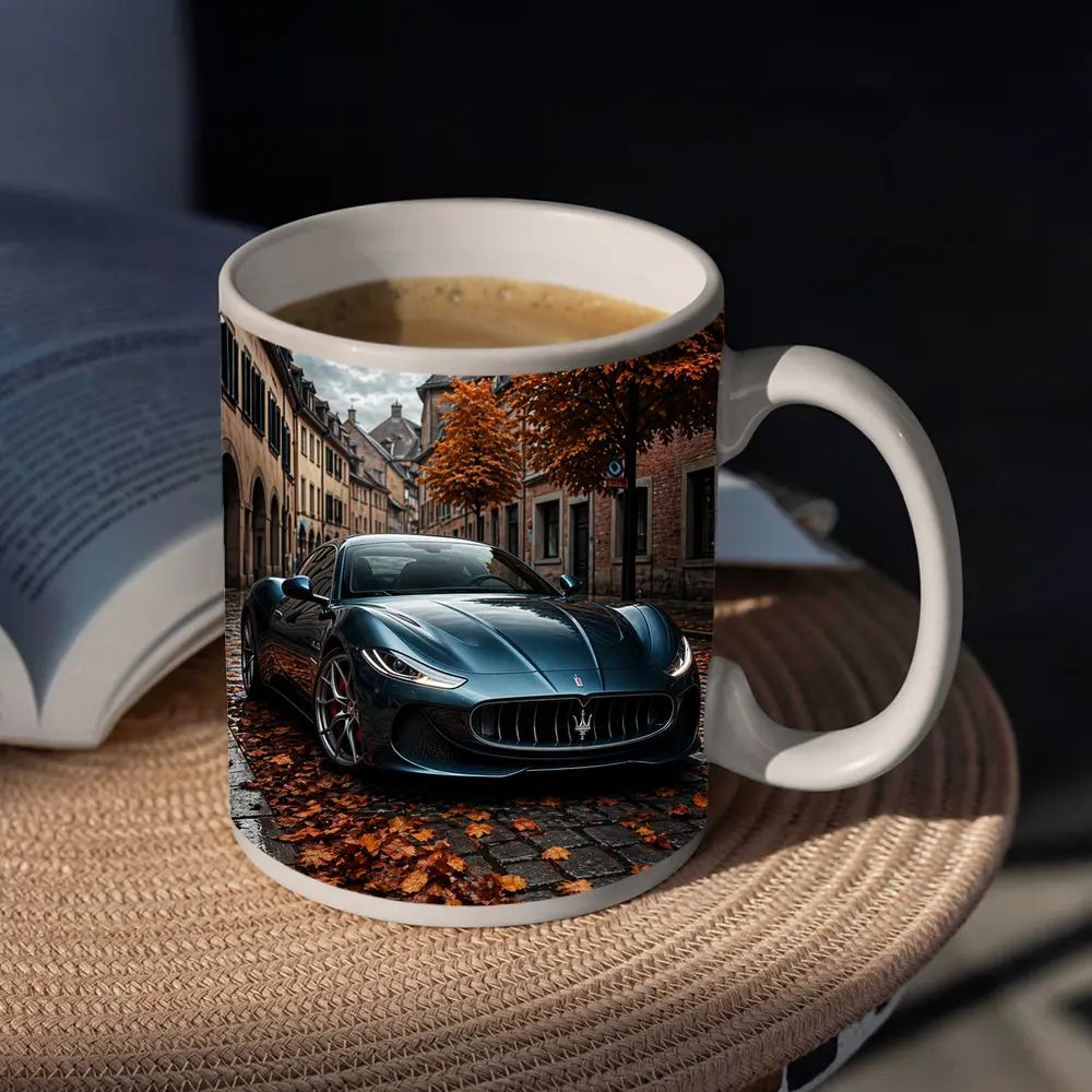 Maserati GranTurismo On Wet Cobblestone Street – Mugs
