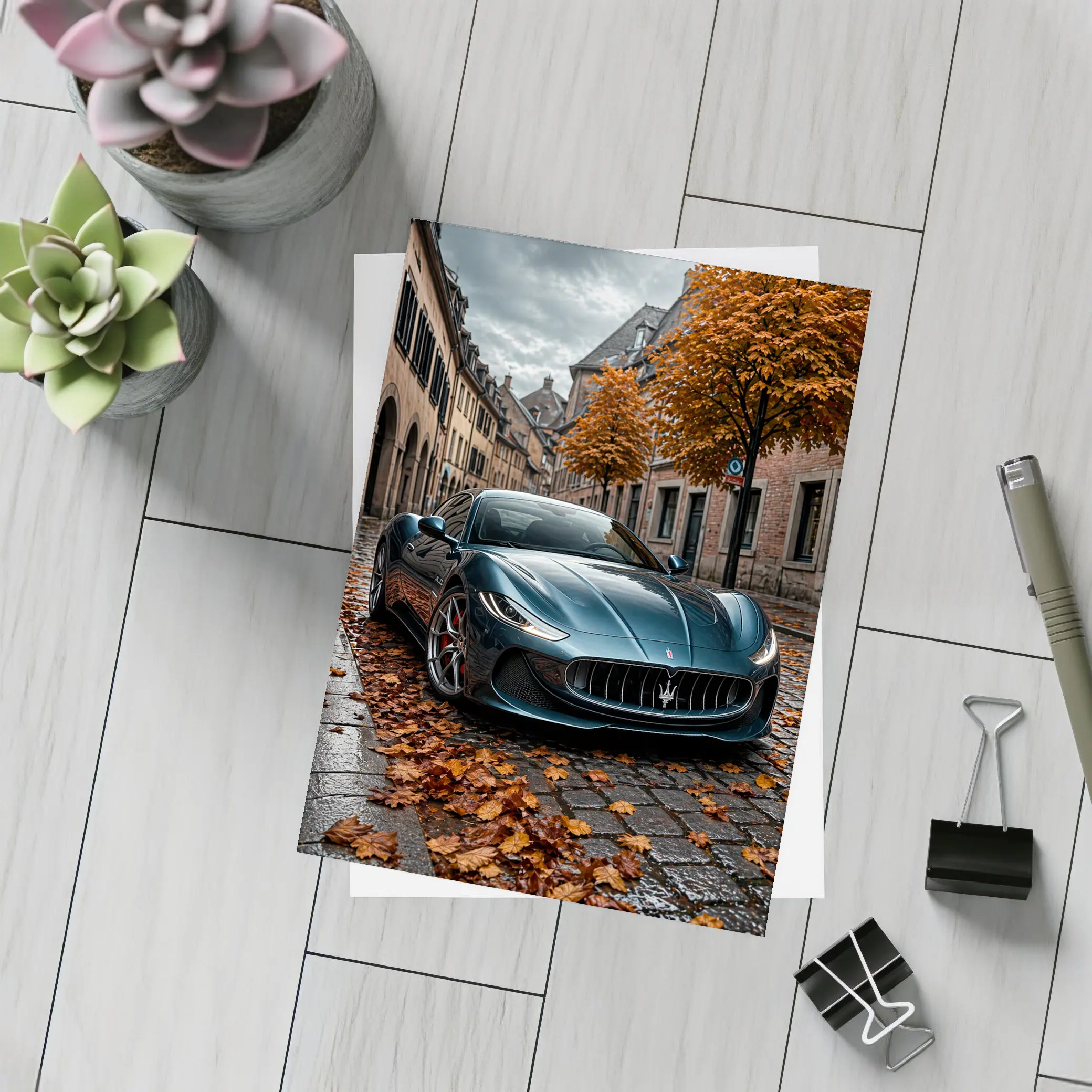 Maserati GranTurismo On Wet Cobblestone Street – Postcards