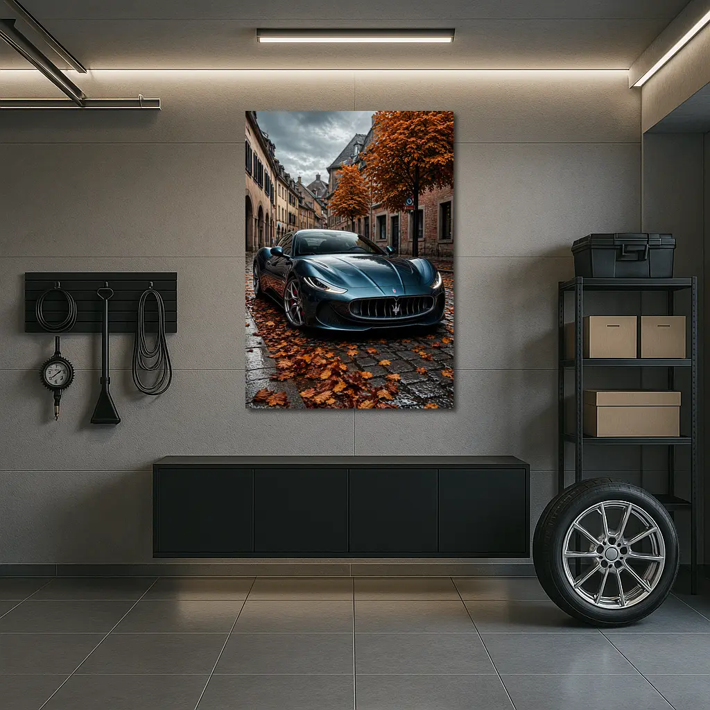 Maserati GranTurismo On Wet Cobblestone Street – Wall Art