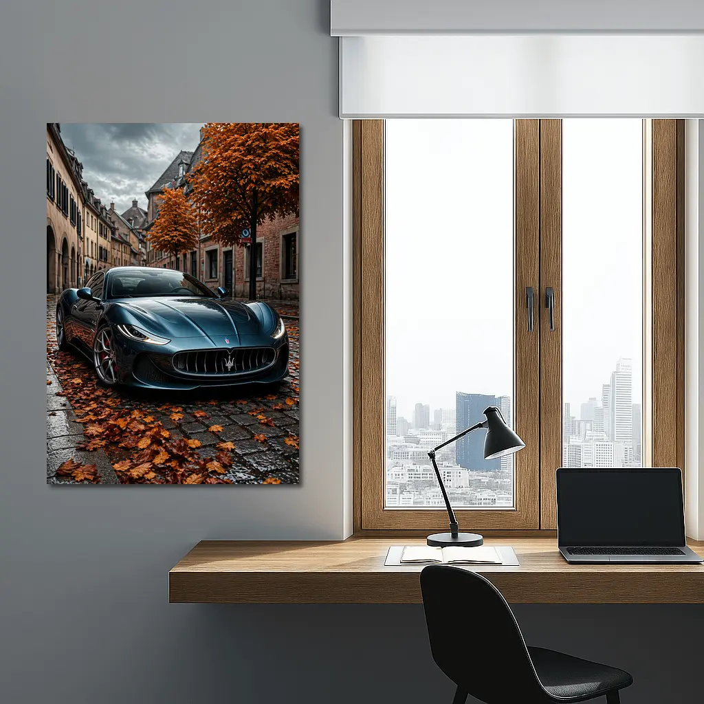 Maserati GranTurismo On Wet Cobblestone Street – Wall Art