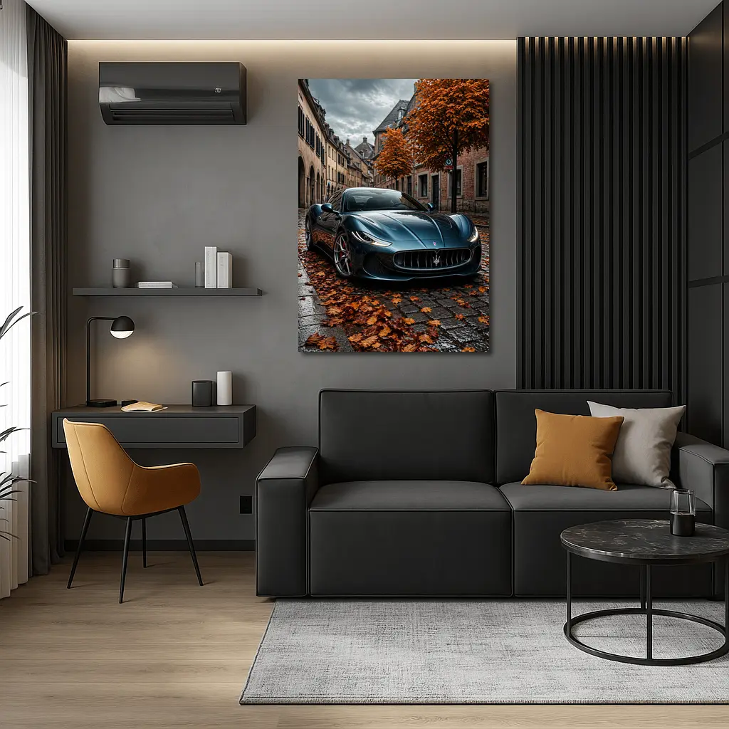 Maserati GranTurismo On Wet Cobblestone Street – Wall Art