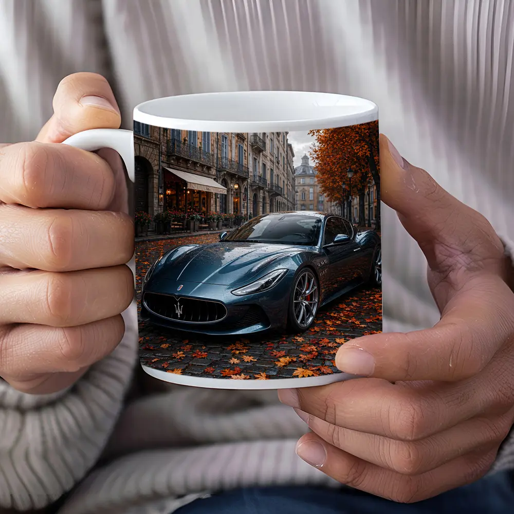 Maserati MC20 Wet Cobblestone Street Autumn – Mugs