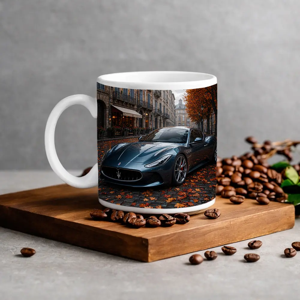 Maserati MC20 Wet Cobblestone Street Autumn – Mugs