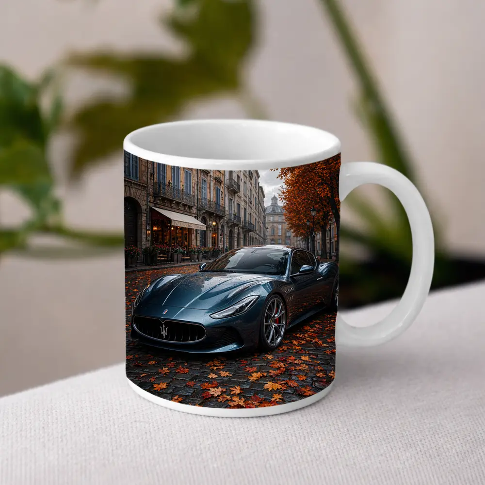 Maserati MC20 Wet Cobblestone Street Autumn – Mugs