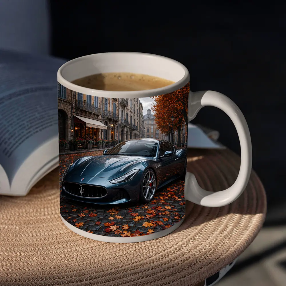 Maserati MC20 Wet Cobblestone Street Autumn – Mugs