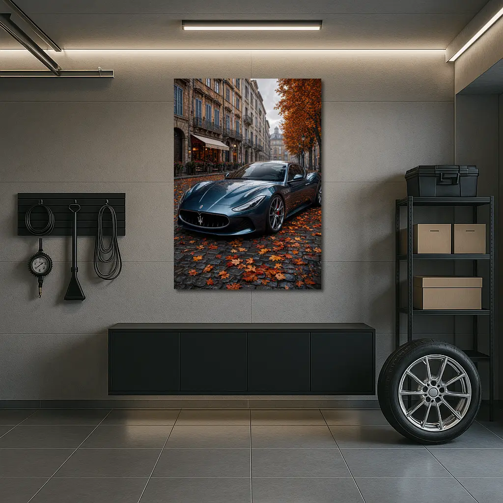 Maserati MC20 Wet Cobblestone Street Autumn – Wall Art