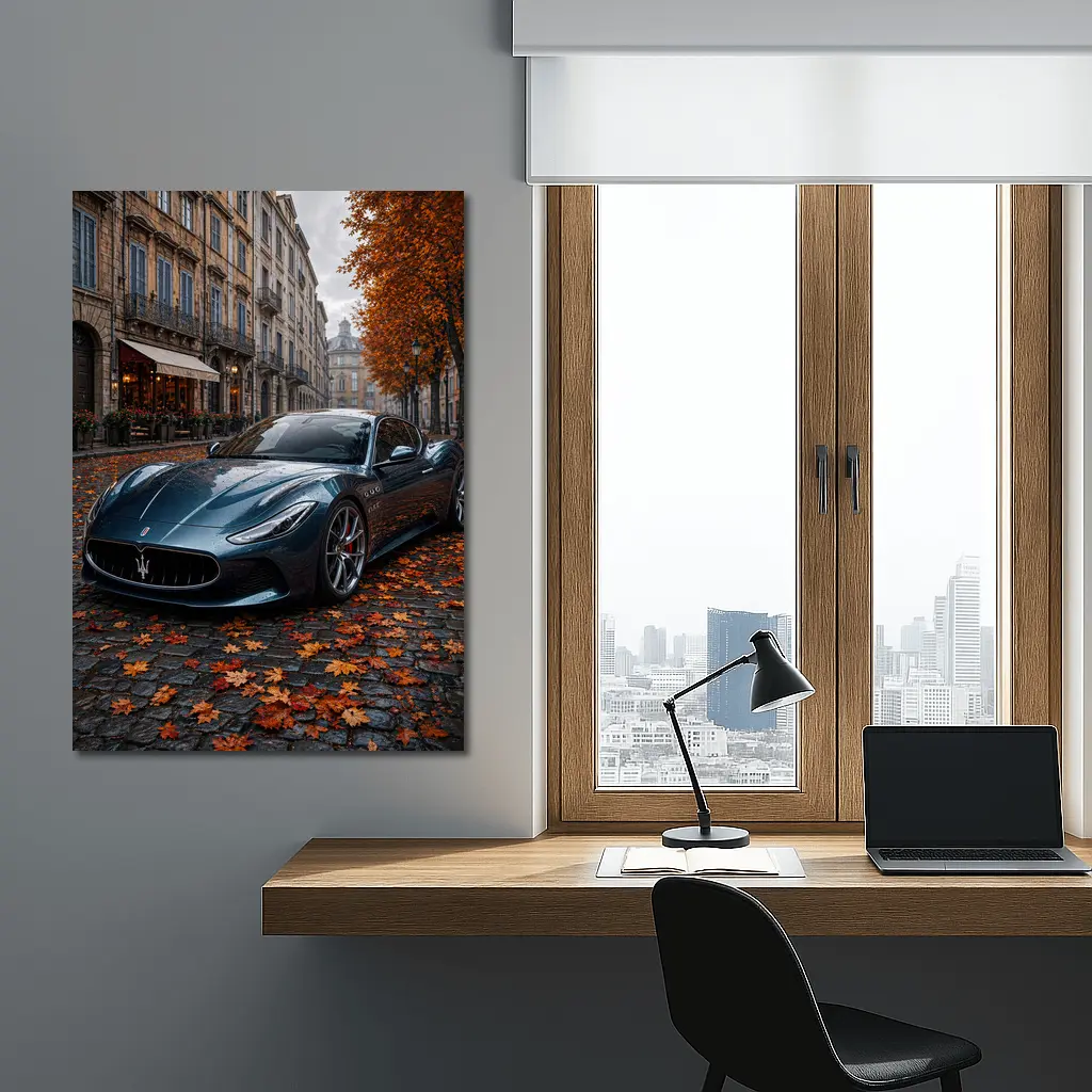 Maserati MC20 Wet Cobblestone Street Autumn – Wall Art