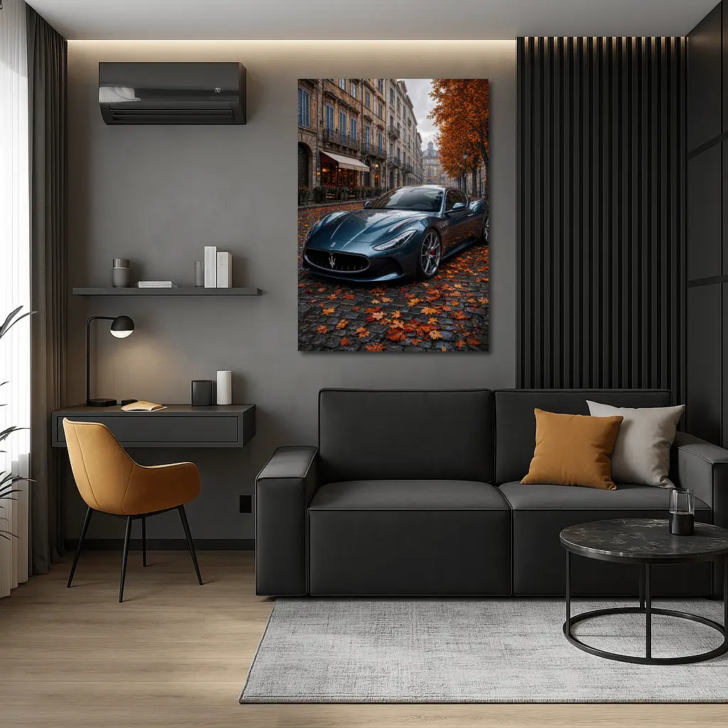 Maserati MC20 Wet Cobblestone Street Autumn – Wall Art