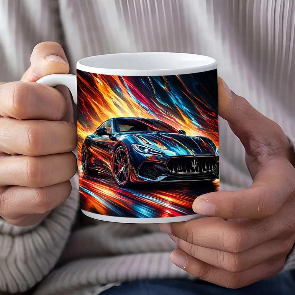 Maserati GranTurismo Speeding Through Colorful Abstract Flames – Mugs
