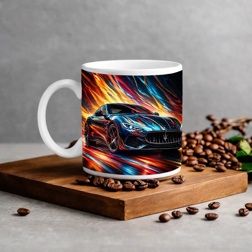 Maserati GranTurismo Speeding Through Colorful Abstract Flames – Mugs