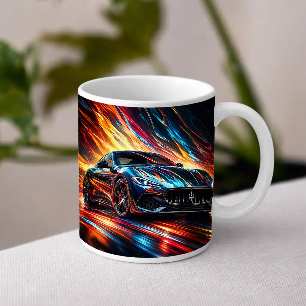Maserati GranTurismo Speeding Through Colorful Abstract Flames – Mugs