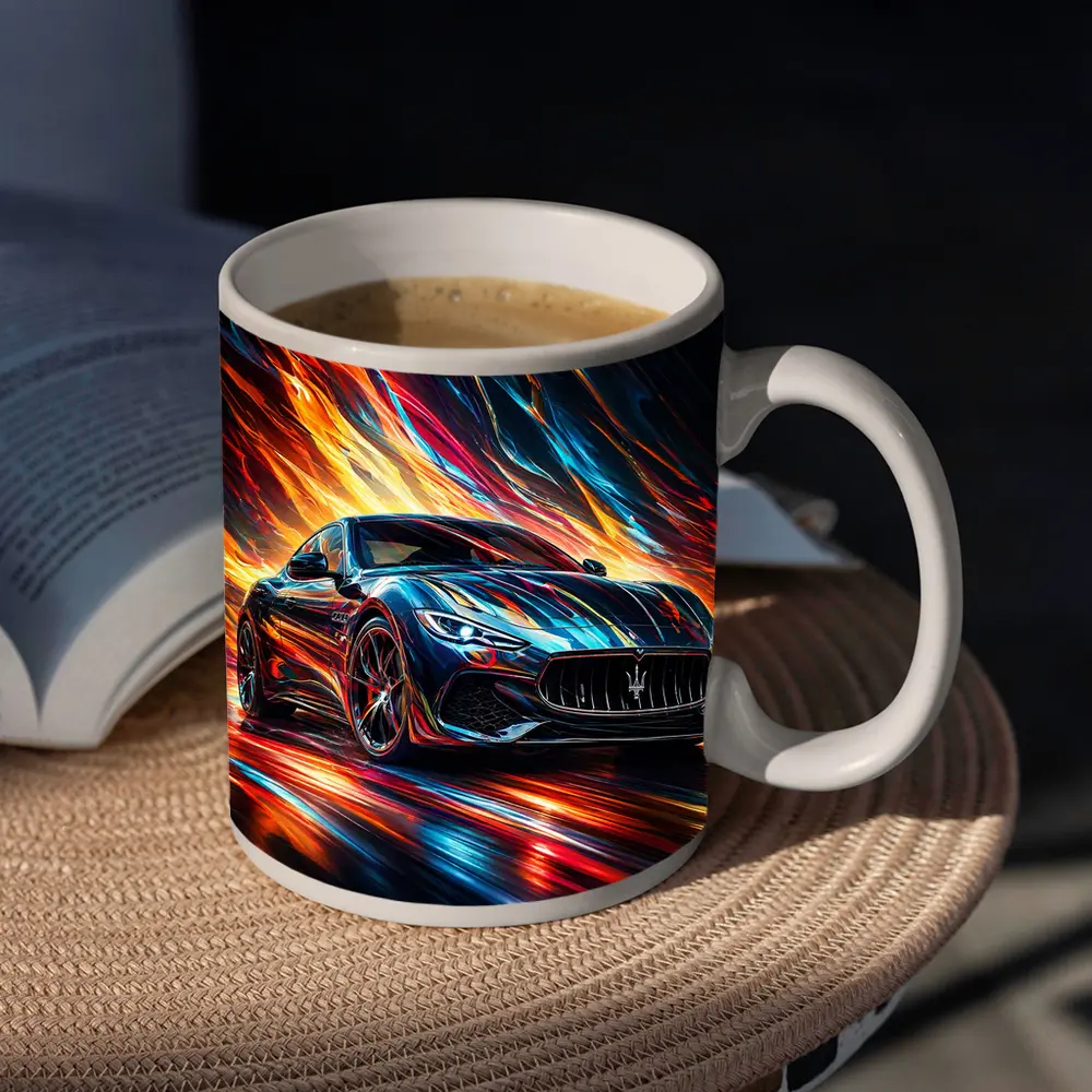 Maserati GranTurismo Speeding Through Colorful Abstract Flames – Mugs