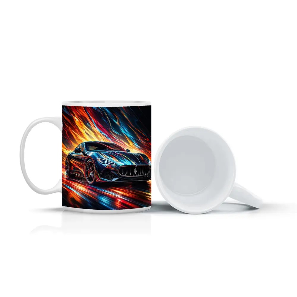 Maserati GranTurismo Speeding Through Colorful Abstract Flames – Mugs