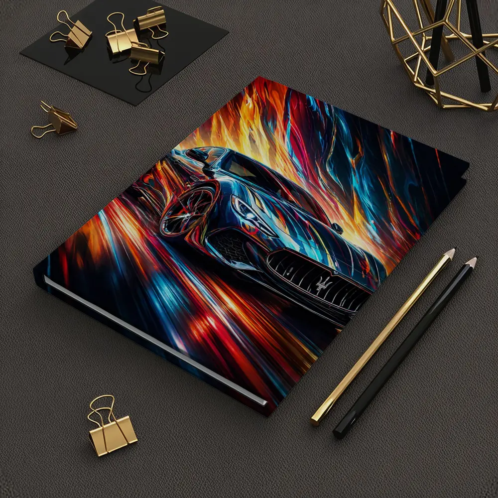 Maserati GranTurismo Speeding Through Colorful Abstract Flames – Notebooks