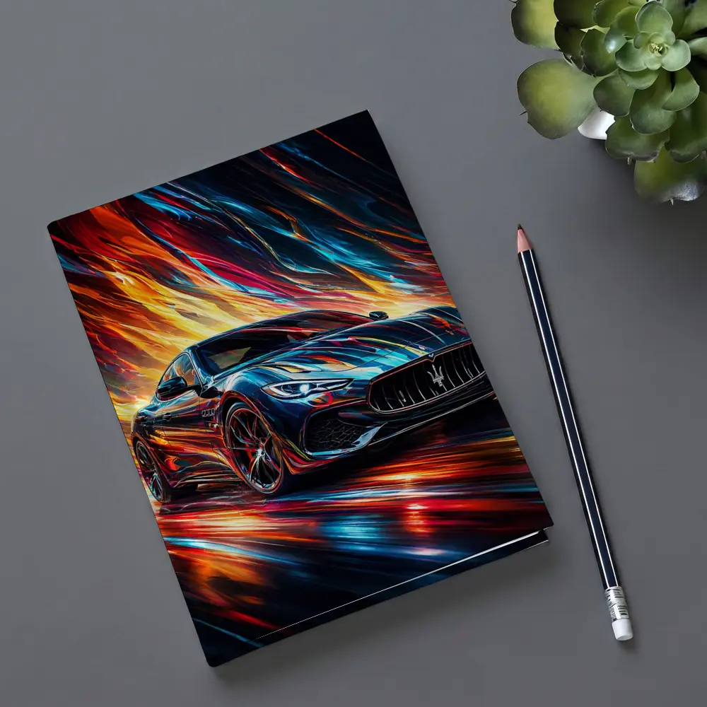 Maserati GranTurismo Speeding Through Colorful Abstract Flames – Notebooks