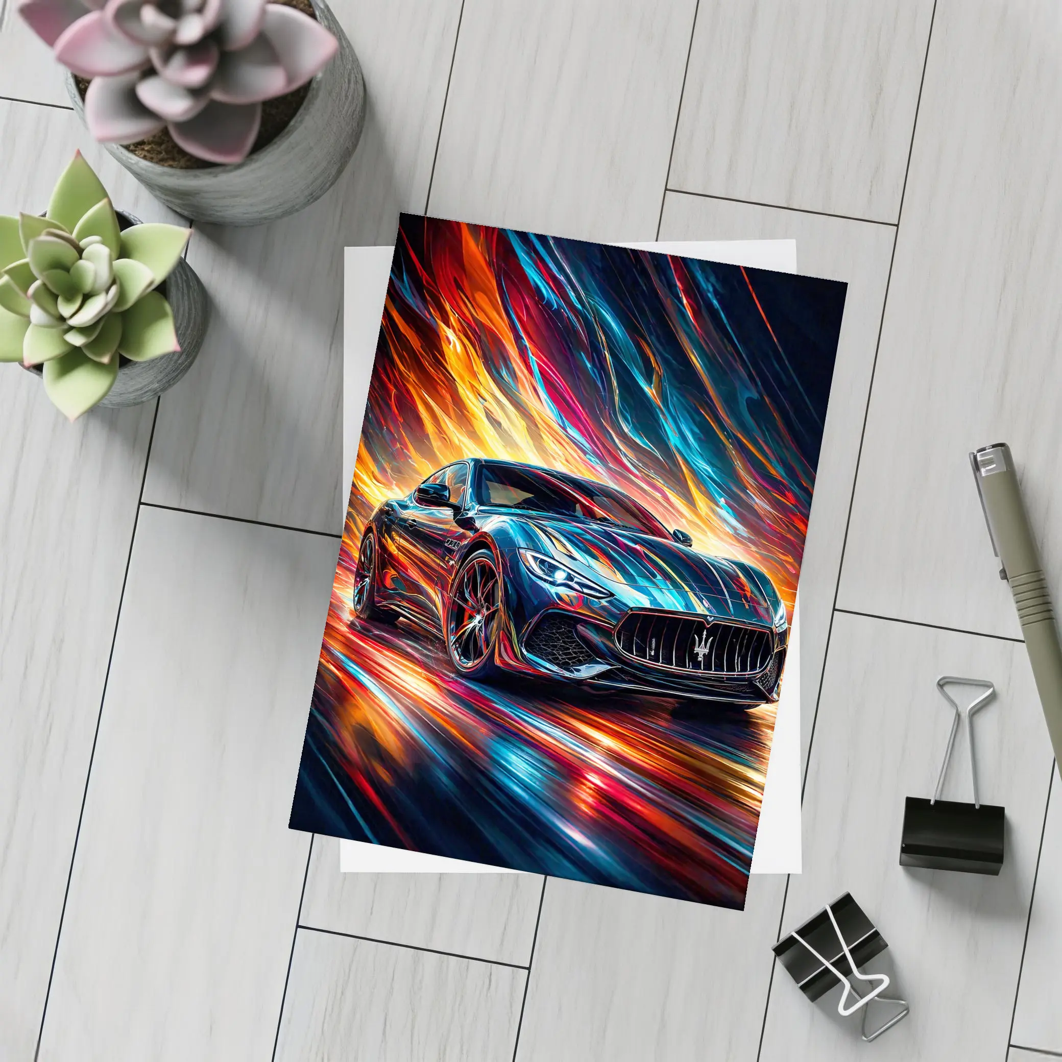 Maserati GranTurismo Speeding Through Colorful Abstract Flames – Postcards