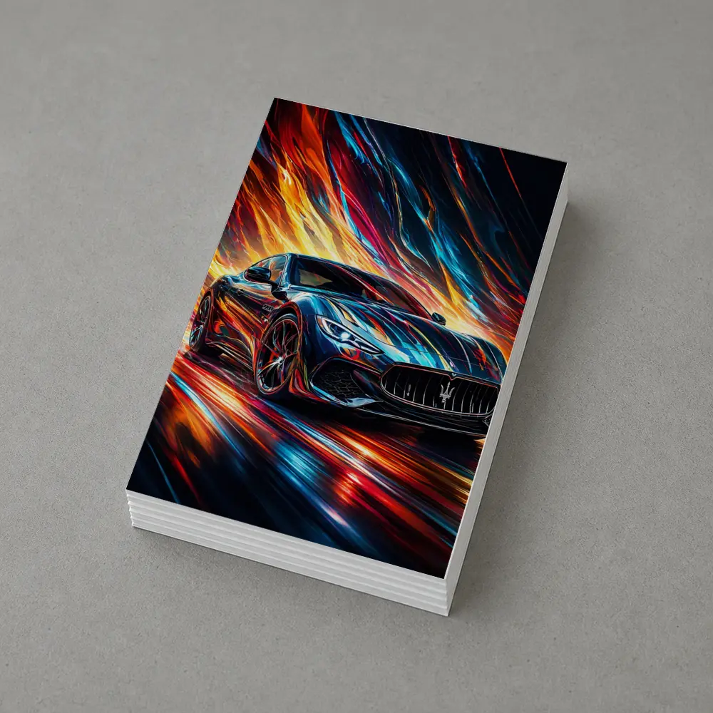 Maserati GranTurismo Speeding Through Colorful Abstract Flames – Postcards