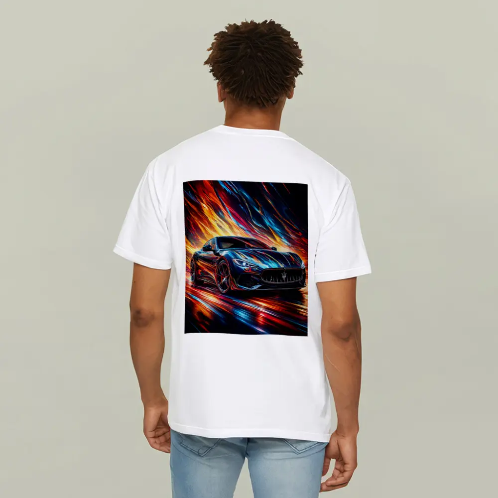 Maserati GranTurismo Speeding Through Colorful Abstract Flames – T-Shirts