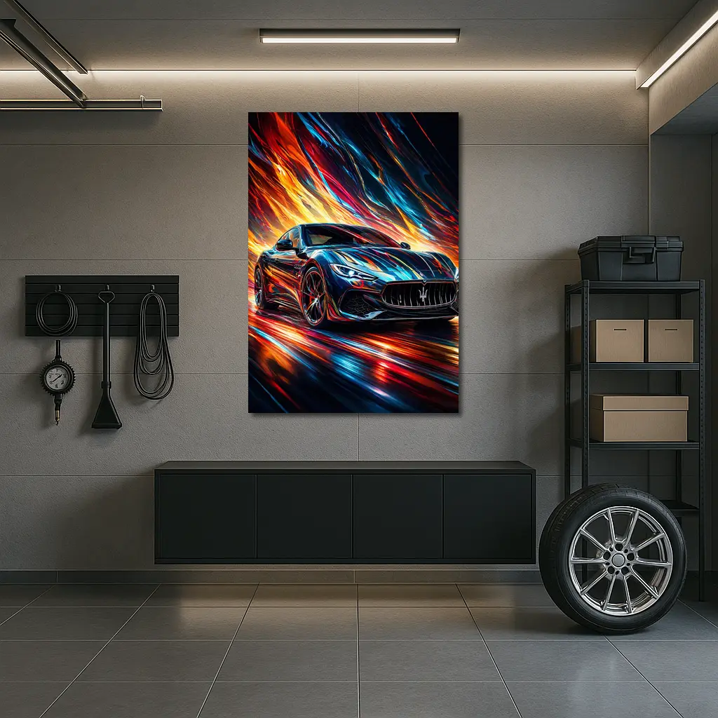 Maserati GranTurismo Speeding Through Colorful Abstract Flames – Wall Art