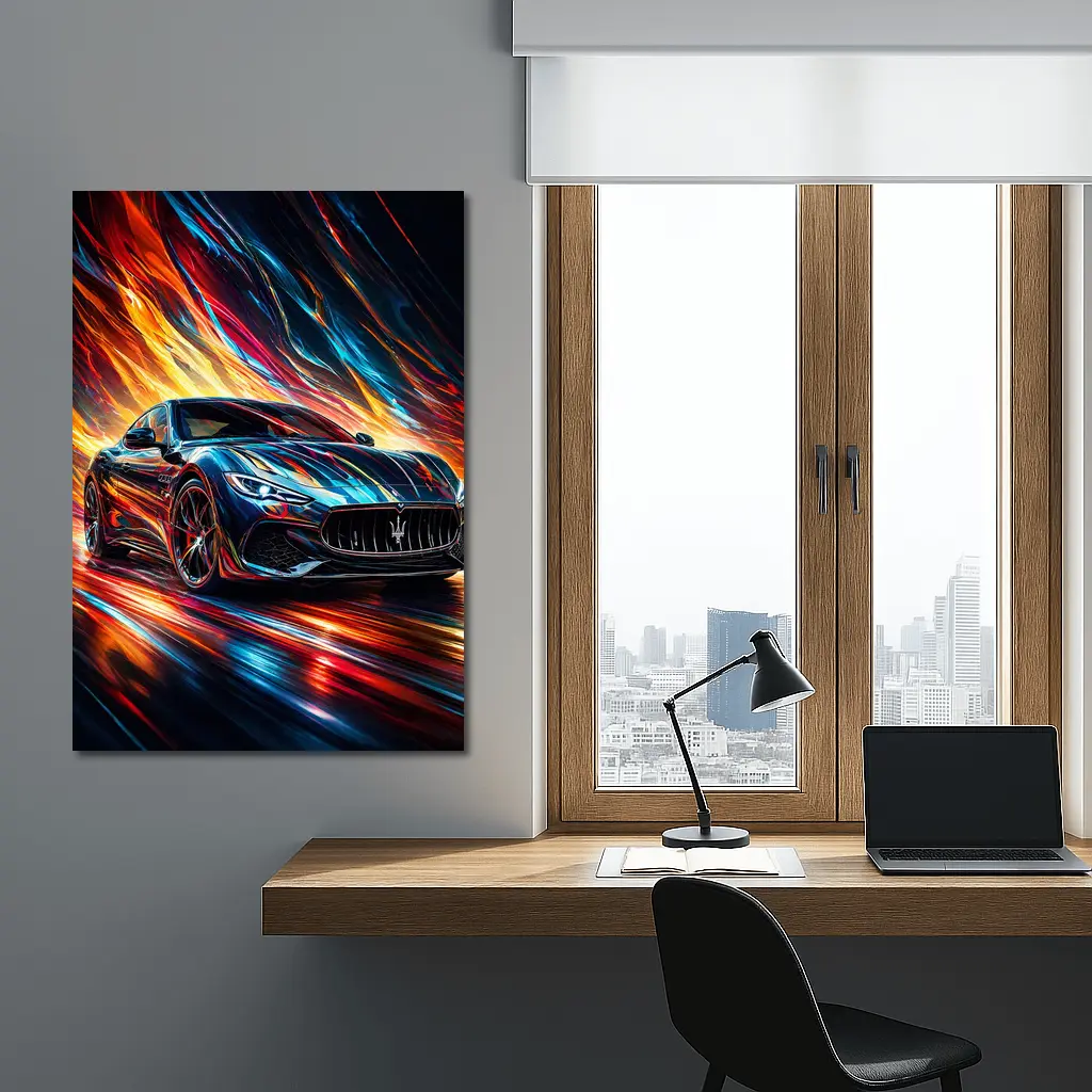 Maserati GranTurismo Speeding Through Colorful Abstract Flames – Wall Art