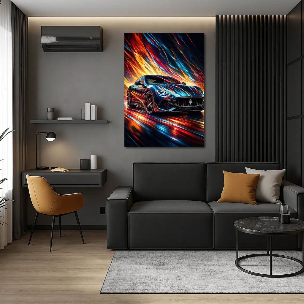 Maserati GranTurismo Speeding Through Colorful Abstract Flames – Wall Art
