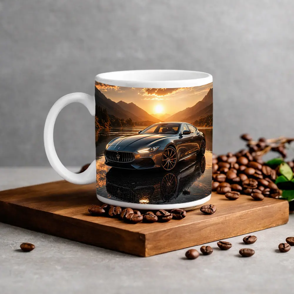 Maserati Quattroporte Sunset Mountain Lake Reflection – Mugs