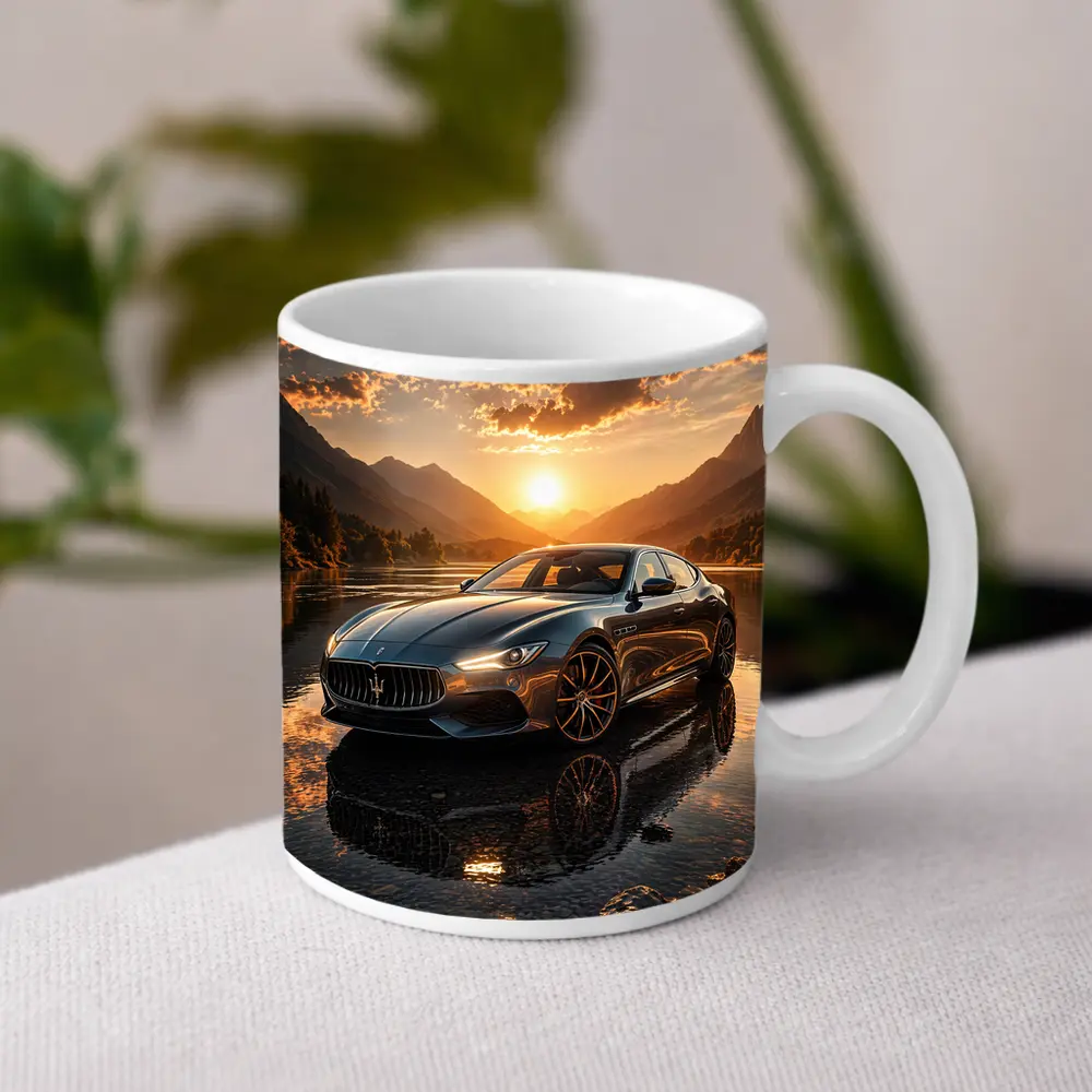 Maserati Quattroporte Sunset Mountain Lake Reflection – Mugs