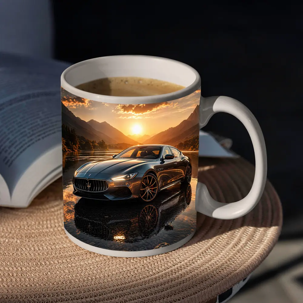 Maserati Quattroporte Sunset Mountain Lake Reflection – Mugs