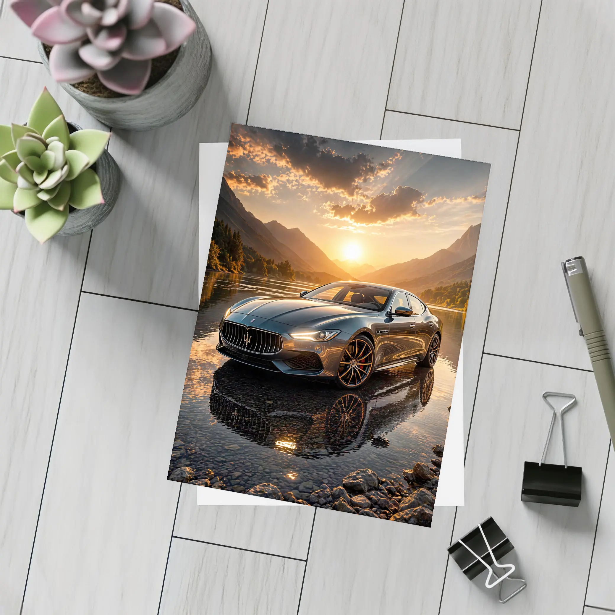 Maserati Quattroporte Sunset Mountain Lake Reflection – Postcards