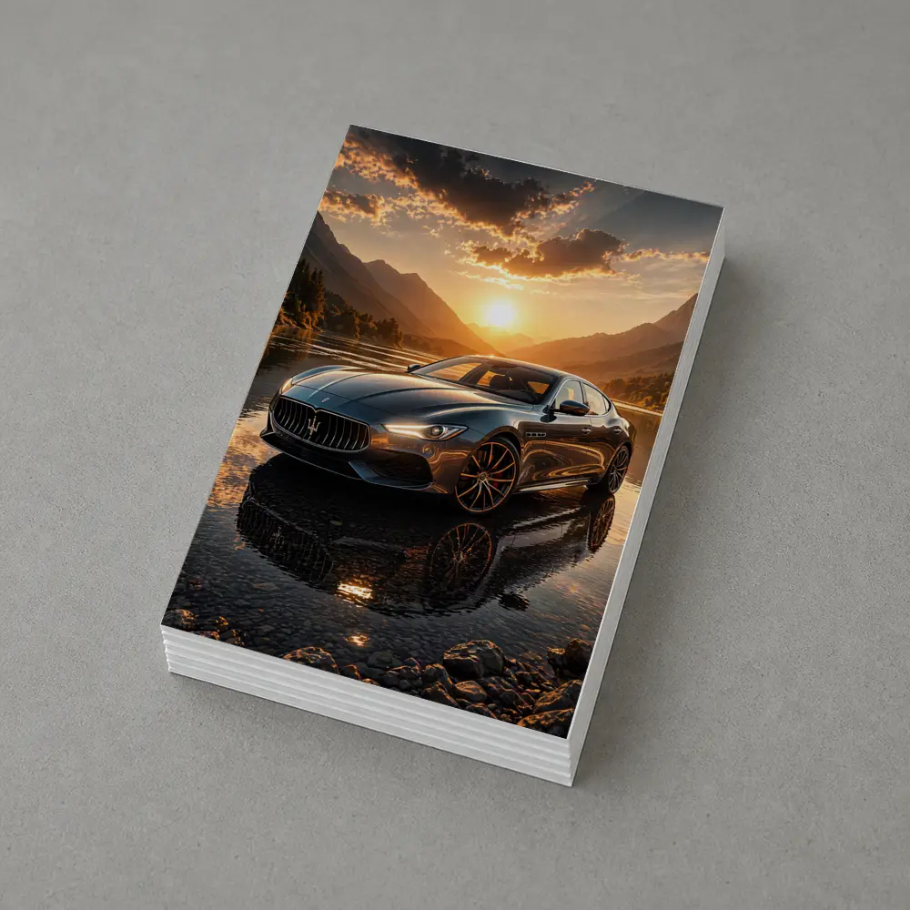 Maserati Quattroporte Sunset Mountain Lake Reflection – Postcards